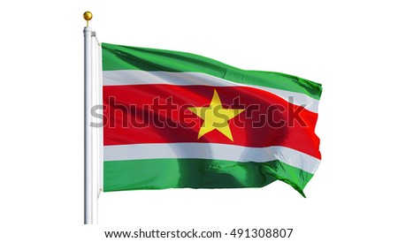 Suriname flag waving on white background, close up, isolated with clipping path mask alpha channel transparency