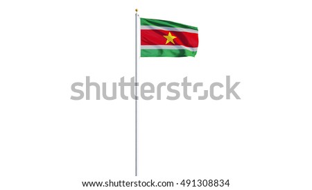 Suriname flag waving on white background, long shot, isolated with clipping path mask alpha channel transparency
