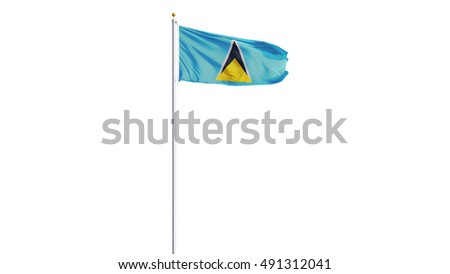 Saint Lucia flag waving on white background, long shot, isolated with clipping path mask alpha channel transparency