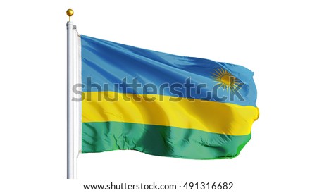 Rwanda flag waving on white background, close up, isolated with clipping path mask alpha channel transparency