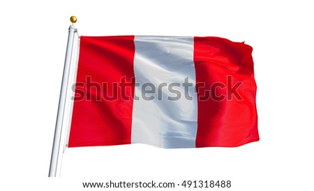 Peru flag waving on white background, close up, isolated with clipping path mask alpha channel transparency