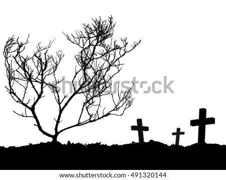 silhouette three grave cross and bare dead tree in tombs hill isolated on white background, black and white flat graphic illustration for halloween party poster element decorate