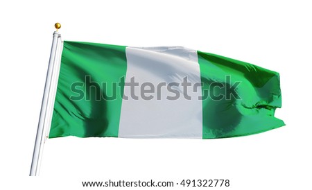 Nigeria flag waving on white background, close up, isolated with clipping path mask alpha channel transparency