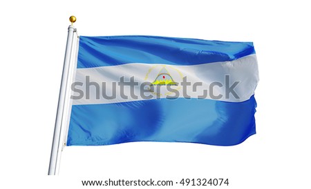Nicaragua flag waving on white background, close up, isolated with clipping path mask alpha channel transparency