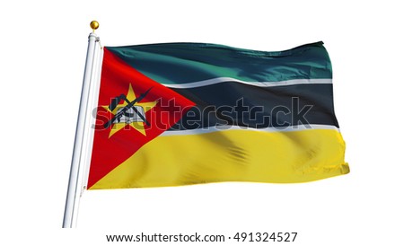 Mozambique flag waving on white background, close up, isolated with clipping path mask alpha channel transparency