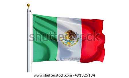 Mexico flag waving on white background, close up, isolated with clipping path mask alpha channel transparency