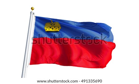 Liechtenstein flag waving on white background, close up, isolated with clipping path mask alpha channel transparency