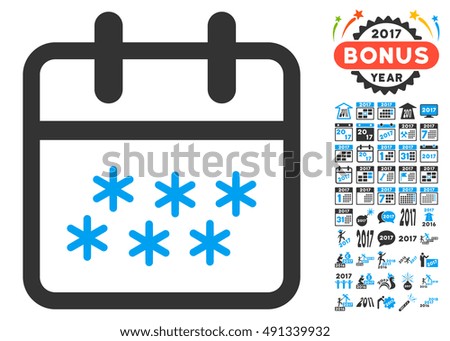 Winter Day pictogram with bonus 2017 year clip art. Glyph illustration style is flat iconic symbols, white background.