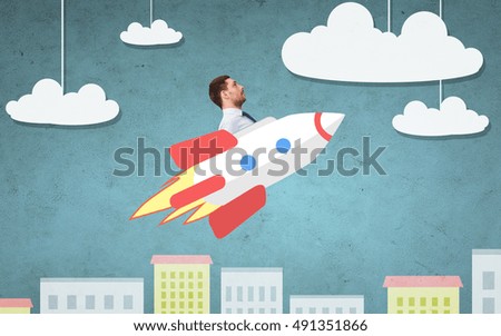 business, startup, development and people concept - businessman flying on rocket above cartoon city