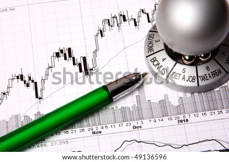Financial chart with a souvenir "bonus" and a green pen