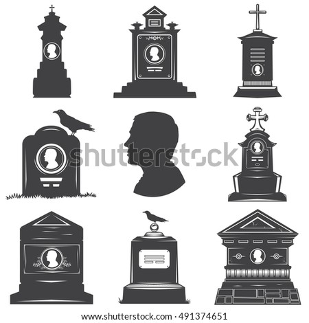 Set of images of silhouettes of male graves gravestones monuments. Male head silhouette on the stone gravestones. Image crosses crow.