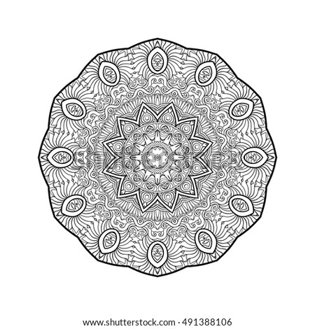 Vector Beautiful Deco Mandala, Patterned Design Element, Ethnic Amulet. Anti stress coloring book for adult. Outline drawing coloring page. Stock line vector illustration.