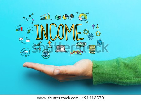 Income concept with hand on blue background
