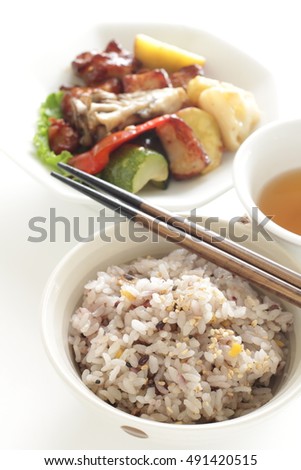 Japanese food, Gokoku Mai grain with stir fried vegetable for lunch imag