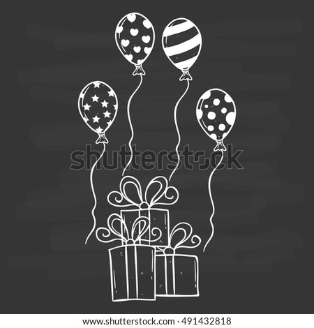 birthday gift with balloons using hand drawing style on chalkboard background
