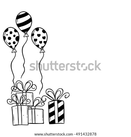 cute doodle birthday gift with balloon with outline