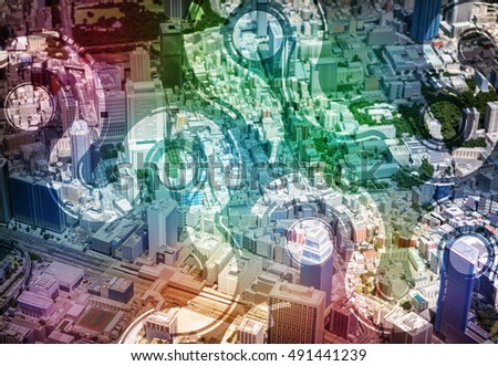 city miniature model and network pattern, abstract image visual