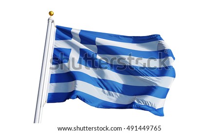 Greece flag waving on white background, close up, isolated with clipping path mask alpha channel transparency
