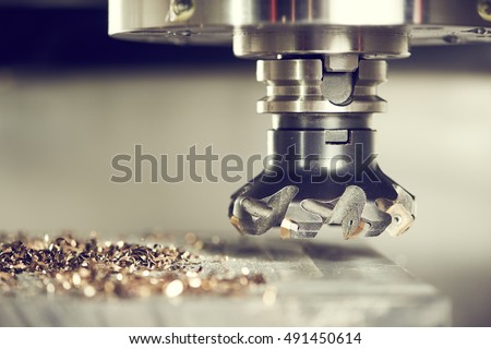 industrial metalworking cutting process by milling cutter Royalty-Free Stock Photo #491450614