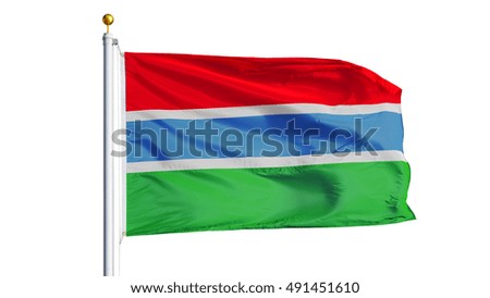 The Gambia flag waving on white background, close up, isolated with clipping path mask alpha channel transparency