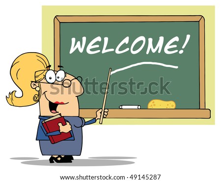 Woman Teacher With A Pointer Displayed On Chalk Board Text Welcome!