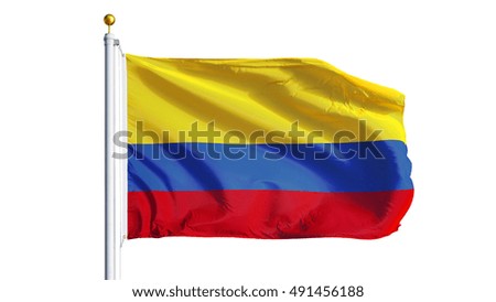 Colombia flag waving on white background, close up, isolated with clipping path mask alpha channel transparency