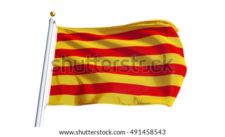 Catalunya flag waving on white background, close up, isolated with clipping path mask alpha channel transparency