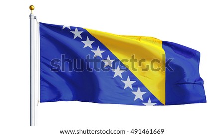 Bosnia and Herzegovina flag waving on white background, close up, isolated with clipping path mask alpha channel transparency