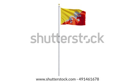 Bhutan flag waving on white background, long shot, isolated with clipping path mask alpha channel transparency