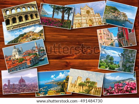 Collage from photos of Italy on wooden background