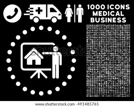 Realtor Presentation icon with 1000 medical commercial white vector design elements. Set style is flat symbols, black background.