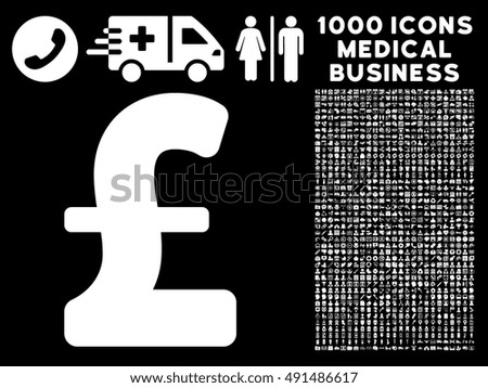 Pound Sterling icon with 1000 medical commercial white vector pictograms. Clipart style is flat symbols, black background.