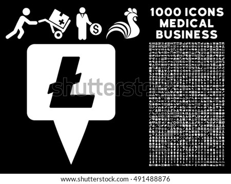 Litecoin Map Pointer icon with 1000 medical business white vector design elements. Clipart style is flat symbols, black background.