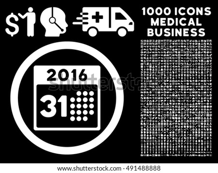 Last 2016 Month Day icon with 1000 medical business white vector design elements. Design style is flat symbols, black background.