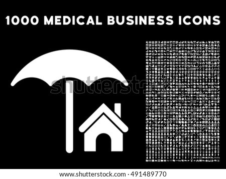 House under Umbrella icon with 1000 medical commercial white vector design elements. Design style is flat symbols, black background.