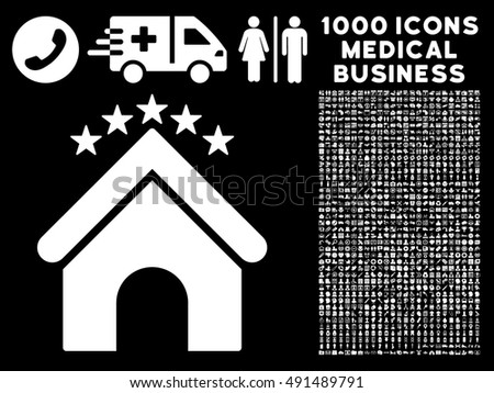 Hotel Stars icon with 1000 medical business white vector pictographs. Collection style is flat symbols, black background.