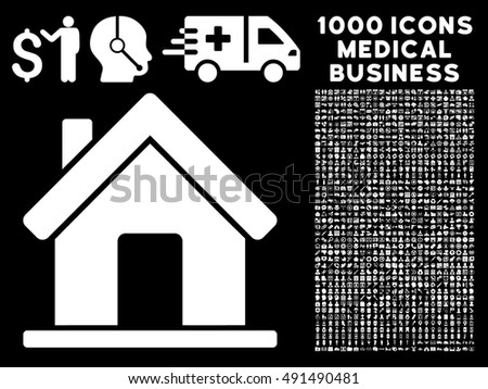 Home icon with 1000 medical commercial white vector pictograms. Collection style is flat symbols, black background.
