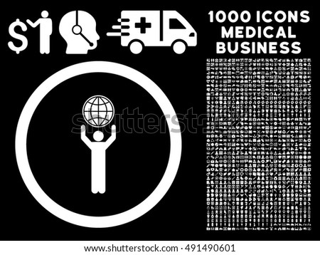Globalist icon with 1000 medical commerce white vector pictograms. Design style is flat symbols, black background.