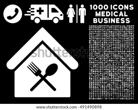 Food Court icon with 1000 medical business white vector pictographs. Clipart style is flat symbols, black background.