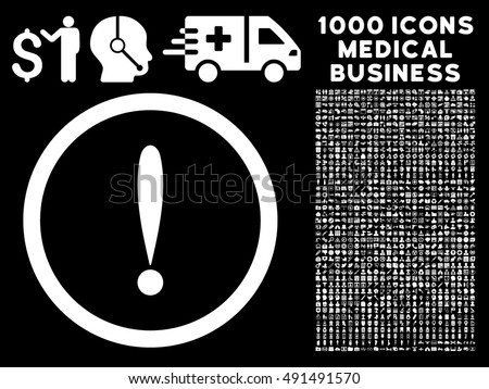 Exclamation Sign icon with 1000 medical business white vector pictograms. Design style is flat symbols, black background.