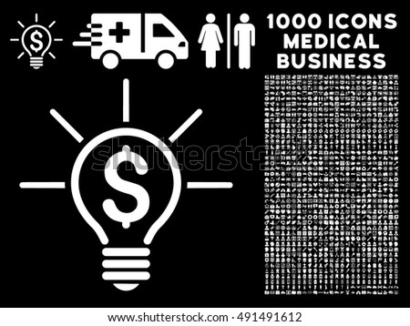 Financial Idea Bulb icon with 1000 medical business white vector design elements. Design style is flat symbols, black background.