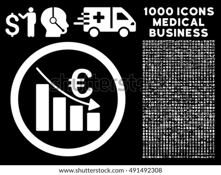 Euro Recession icon with 1000 medical business white vector design elements. Clipart style is flat symbols, black background.