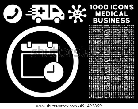 Date and Time icon with 1000 medical commercial white vector design elements. Collection style is flat symbols, black background.