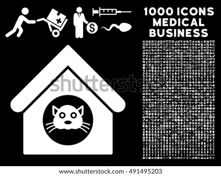Cat House icon with 1000 medical business white vector design elements. Set style is flat symbols, black background.