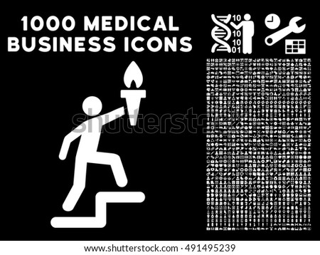 Climbing Leader With Torch icon with 1000 medical business white vector pictographs. Collection style is flat symbols, black background.