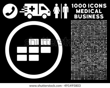 Calendar Grid icon with 1000 medical commerce white vector design elements. Set style is flat symbols, black background.