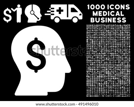 Businessman icon with 1000 medical business white vector pictograms. Design style is flat symbols, black background.