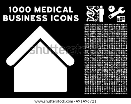 Base Building icon with 1000 medical commercial white vector design elements. Clipart style is flat symbols, black background.