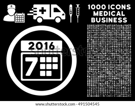 2016 Week Calendar icon with 1000 medical commercial white vector pictographs. Design style is flat symbols, black background.