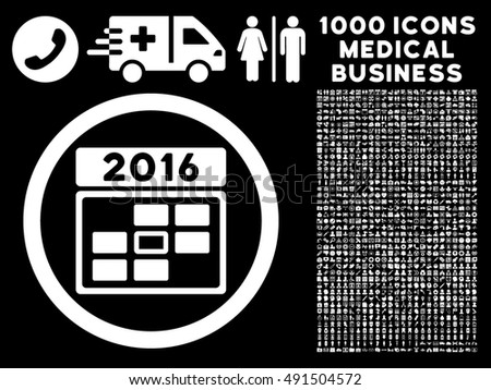2016 Date icon with 1000 medical commercial white vector pictograms. Design style is flat symbols, black background.